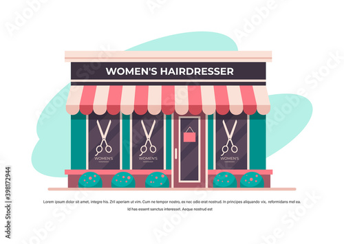 modern women's hairdresser salon no people building facade front view barbershop concept horizontal copy space vector illustration