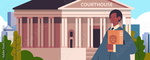 male lawyer holding judge book legal law advice justice concept courthouse building front view portrait horizontal vector illustration