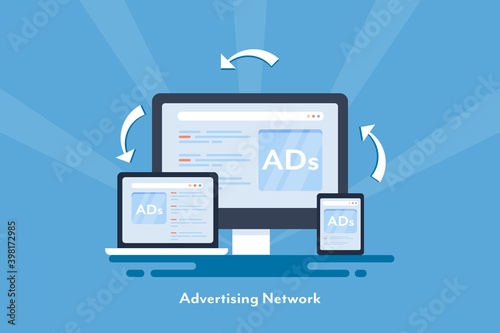 Digital advertising and networking, online ads showing on digital devices, cross channel marketing, responsive ads, customer targeting with behavior tracking advertising. photo