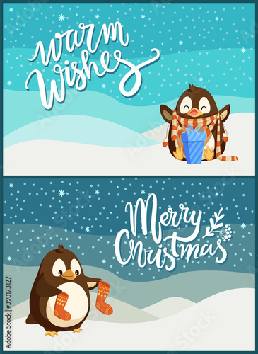 Warm wishes and merry Christmas greeting card penguin cartoon character with socks in wings vector. North Pole bird opening Xmas presents, winter landscape