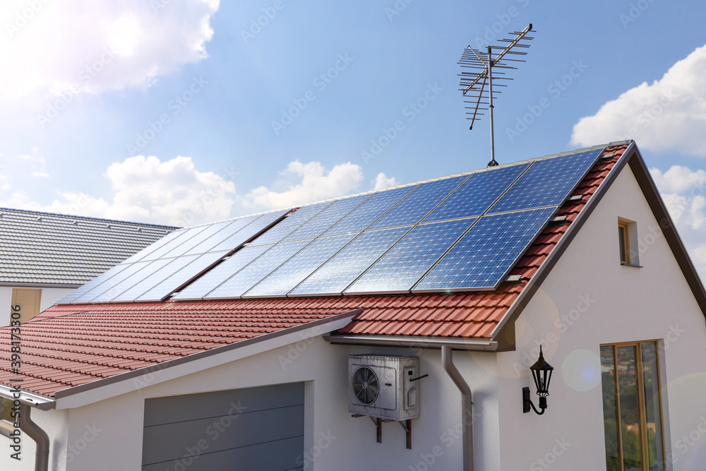 Solar panels on the house roof 3d illustration Solar panels on the house roof 3d illustration