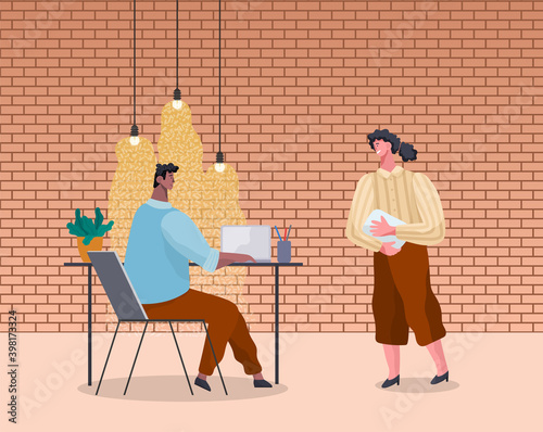 Office workers discussing matters. Businessmen dressed in formal clothes in the modern office interior with laptops talking. Business meeting and consideration of working issues. Friendly team work