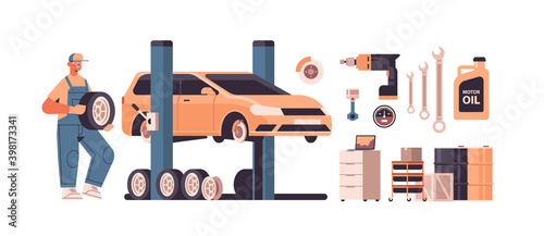 mechanic working and fixing vehicle car service automobile repair and check up maintenance station concept isolated horizontal vector illustration