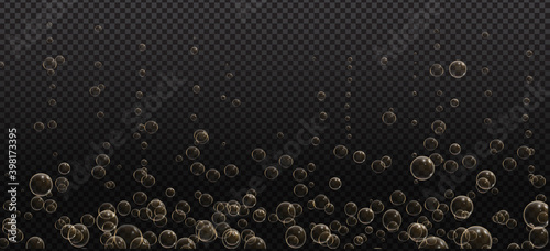 Gold fizzy bubbles. Sparkles champagne. Fizzy pop and effervescent drink. Abstract fresh soda and air bubbles, oxygen, champagne crystal. Vector illustration on black transparent background.