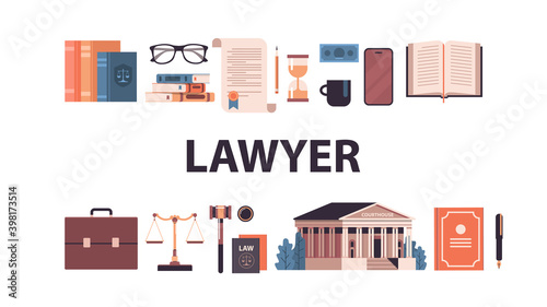 law and justice set gavel judge books scales courthouse icons collection horizontal vector illustration