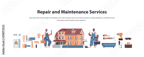 mix race professional repairmen in uniform making house renovation home maintenance repair service concept copy space full length horizontal isolated vector illustration