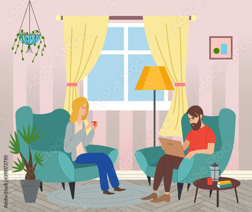 Family couple sitting in armchairs, man holding a laptop, woman relaxing drinking tea at home. Rest time, leisure, free time after work. Social media network communication digital gadget addiction