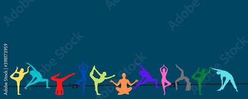 Group of colors yoga poses people artwork on dark blue background