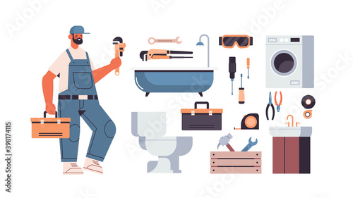 professional repairman in uniform holding hammer and toolbox different icons set home maintenance repair service concept full length horizontal isolated vector illustration