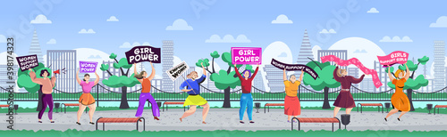 girls activists holding posters female empowerment movement women power concept urban park cityscape background horizontal full length vector illustration