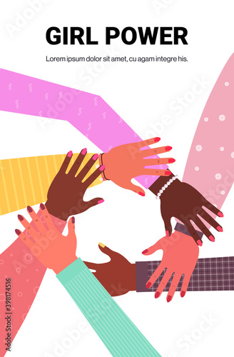 hands of mix race group of women putting together female empowerment movement girl power union of feminists concept vertical copy space vector illustration