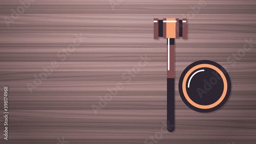 gavel on wooden table legal law advice and justice concept workplace desk top angle view horizontal vector illustration