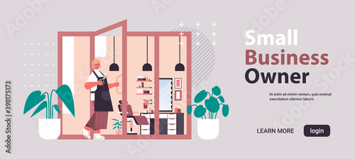 hairdresser in uniform opening door in beauty salon small business owner concept horizontal full length copy space vector illustration