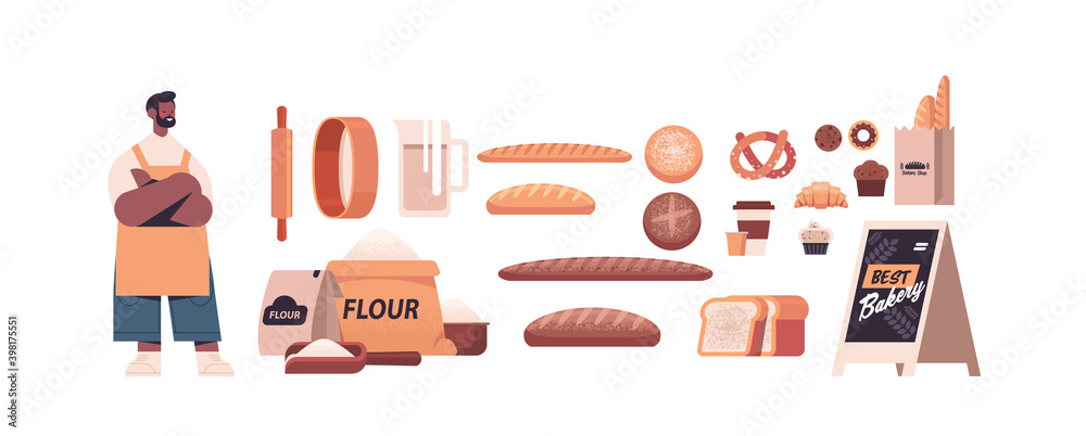 set different bakery pastry products male baker in uniform baking concept full length isolated horizontal vector illustration set different bakery pastry products male baker in uniform baking concept full length isolated horizontal vector illustration