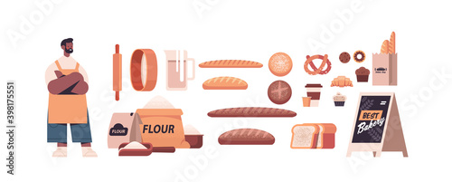 set different bakery pastry products male baker in uniform baking concept full length isolated horizontal vector illustration