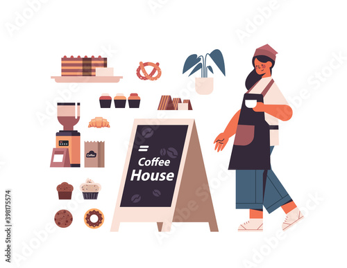 set coffee shop tools and accessories with female barista in uniform sweets and coffee collection full length isolated horizontal vector illustration