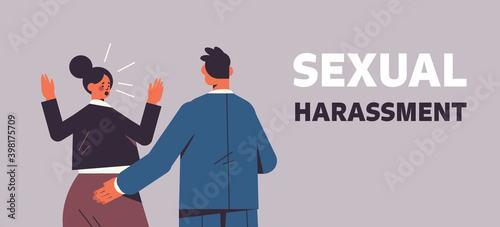 businessman molesting female employee sexual harassment at work concept lustful boss touching woman's butt horizontal portrait vector illustration