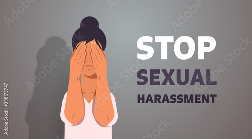 unhappy girl covering face with hands and crying stop sexual harassment violence against women concept portrait horizontal vector illustration