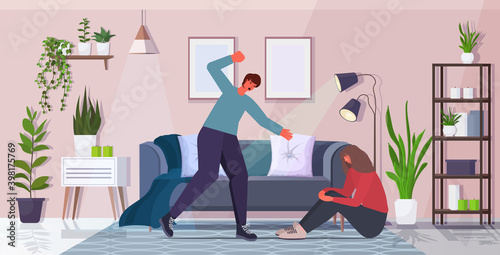 angry husband punching and hitting wife stop domestic violence and aggression against women living room interior horizontal full length vector illustration