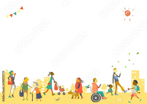 colorful hand drawn illustration, diversity, people and city scape frame