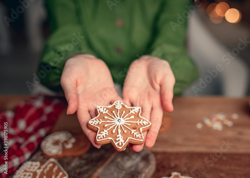 Decorated gingerbread snowflake on girl palm