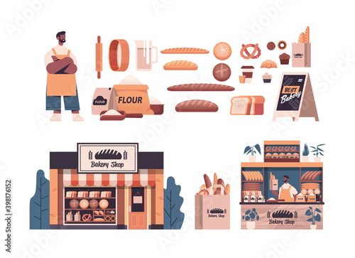 set different bakery pastry products male baker in uniform holding bread baking concept full length isolated horizontal vector illustration