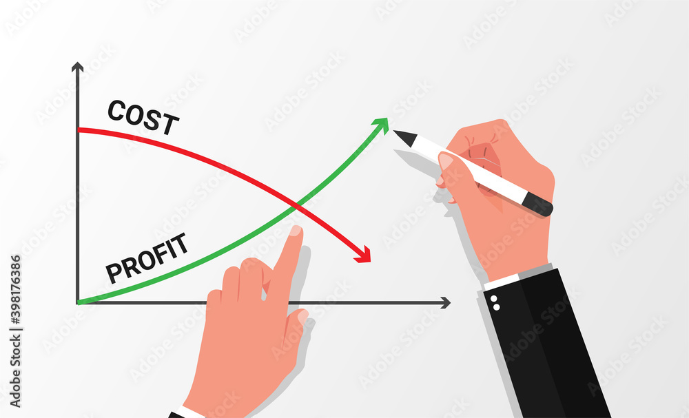 Business hand drawing graphs profit growth vs cost reduction vector ...