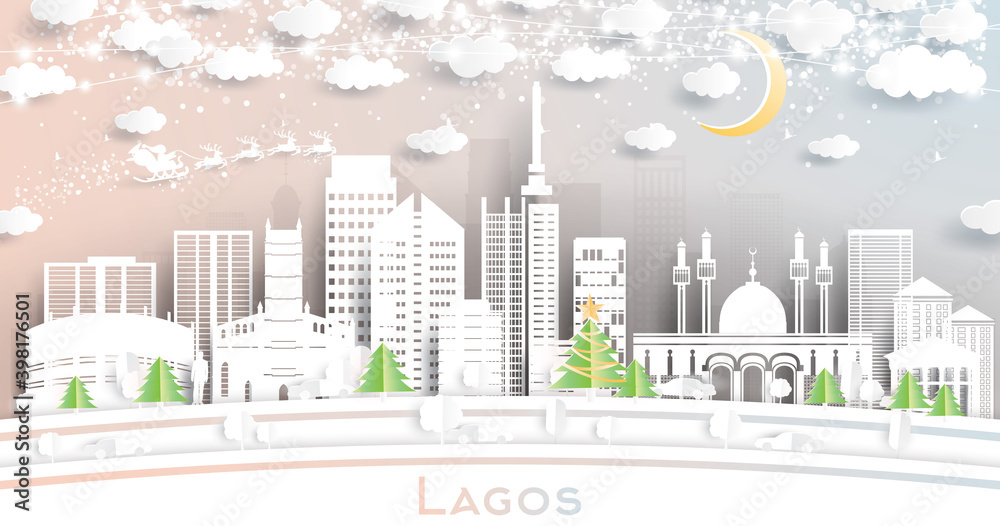 Lagos Nigeria City Skyline in Paper Cut Style with Snowflakes, Moon and Neon Garland.