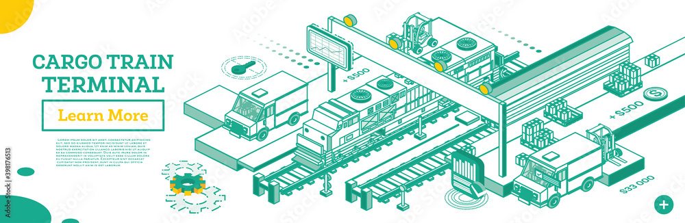 Outline Cargo Train Terminal. Locomotive with Boxcar. Isometric Railroad Station.