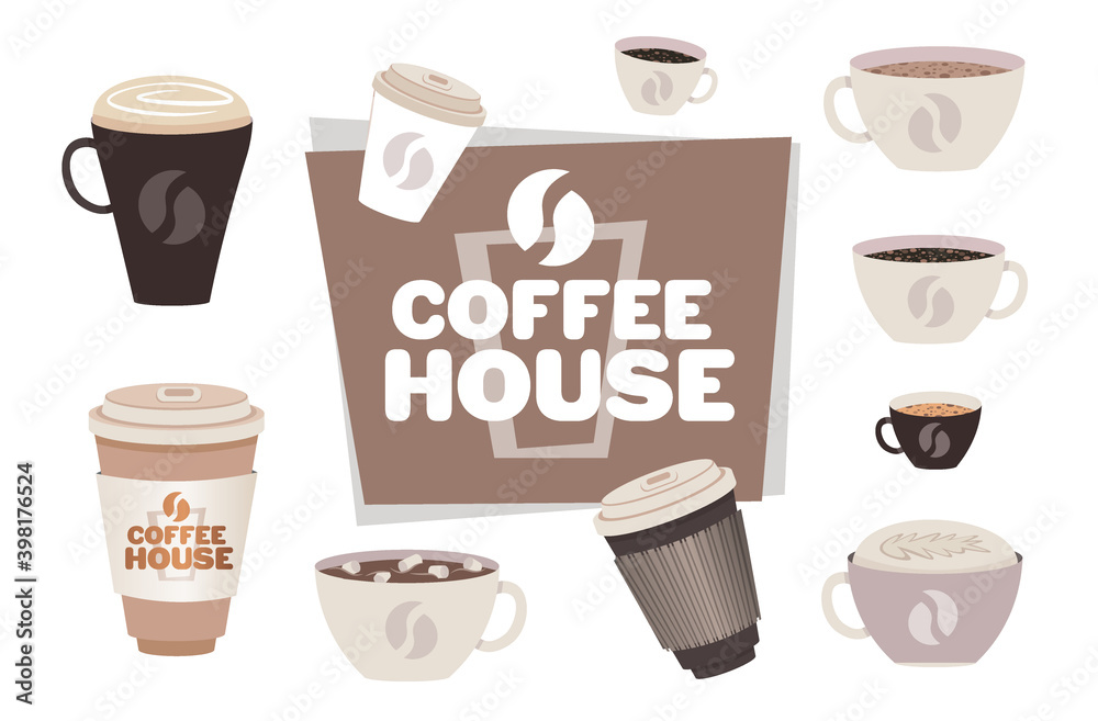 set different coffee cups collection coffee house concept horizontal vector illustration set different coffee cups collection coffee house concept horizontal vector illustration