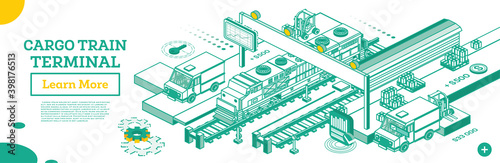 Outline Cargo Train Terminal. Locomotive with Boxcar. Isometric Railroad Station.