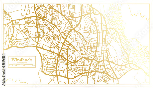 Windhoek Namibia City Map in Retro Style in Golden Color. Outline Map.
