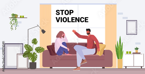 angry husband punching and hitting wife stop domestic violence and aggression against women copy space horizontal full length vector illustration