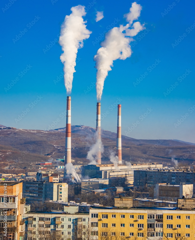 Morning industrial landscape with gas and coal power plant. Vladivostok. Russia. Morning industrial landscape with gas and coal power plant. Vladivostok. Russia.