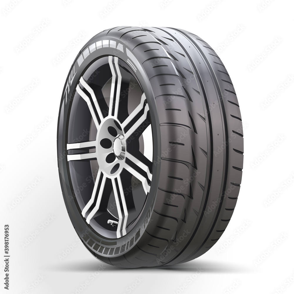 Car wheel isolated on a white background. Car tire, Aluminum wheels isolated on white background. Realistic race wheel vector.