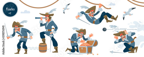 Pirate. Pirate character in different situations. Vector illustration.