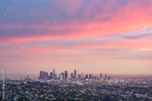 Downtown Los Angeles skyscrapers at sunset
