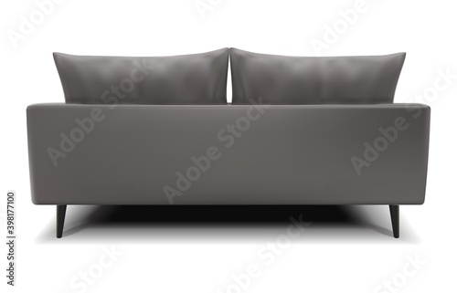 3d realistic vector gray sofa from the back view on white background.