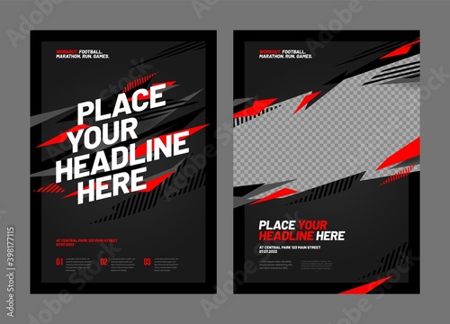 Design of posters with red shards for sports event, competition or championship. Sports background.