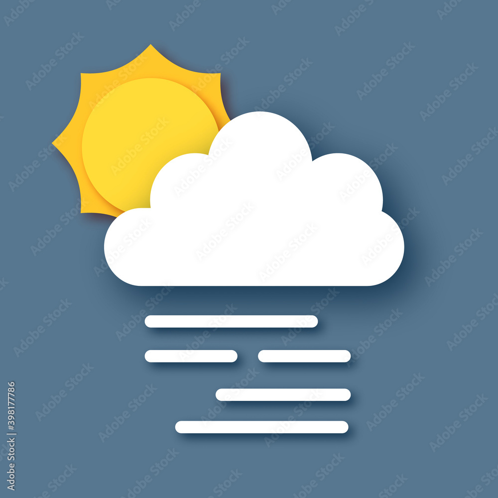 Sun. Steam cloud. Paper cut Weather. Fog or mist in the dark sky. Sun. Steam cloud. Paper cut Weather. Fog or mist in the dark sky.
