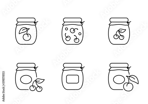 Cherry jam. Linear icons set of different jars of sweet canned food. Black simple illustration of berry confiture, dessert, home preservation. Contour isolated vector pictogram, white background