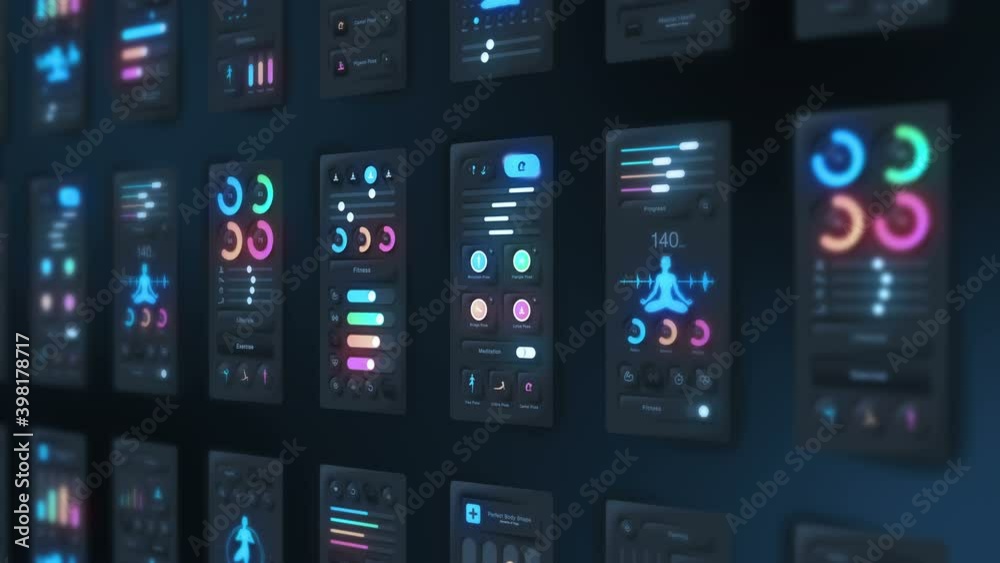 Hi tech panel of yoga application on dark background. Fitness and exercise concept. UI, UX, GUI mobile screens modern infographic. Loop animation.