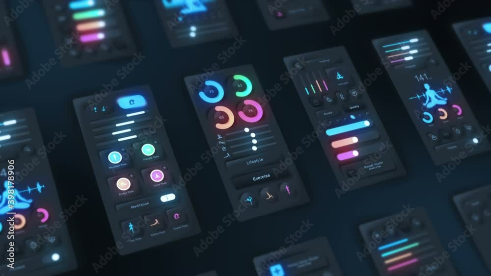 Hi tech panel of yoga application on dark background. Fitness and exercise concept. UI, UX, GUI mobile screens modern infographic. Loop animation.