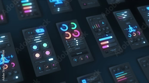 Hi tech panel of yoga application on dark background. Fitness and exercise concept. UI, UX, GUI mobile screens modern infographic. Loop animation.