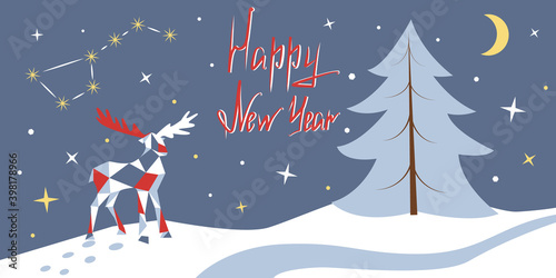 Christmas illustration with a Christmas tree and a deer