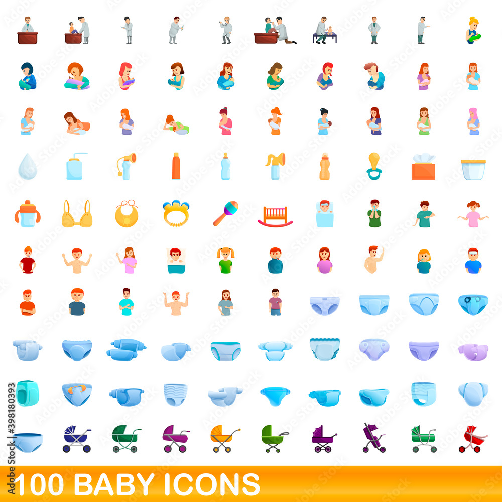 100 baby icons set. Cartoon illustration of 100 baby icons vector set isolated on white background 100 baby icons set. Cartoon illustration of 100 baby icons vector set isolated on white background