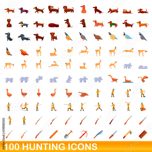 Fototapeta Naklejka Na Ścianę i Meble -  100 hunting icons set. Cartoon illustration of 100 hunting icons vector set isolated on white background