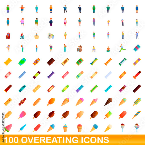 100 overeating icons set. Cartoon illustration of 100 overeating icons vector set isolated on white background