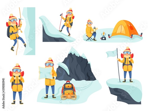 Mountain climber trekking or hiking in winter season set. Extreme sport lover overcoming snowy ridge camping, looking for safe route in paper map vector illustration isolated on white background