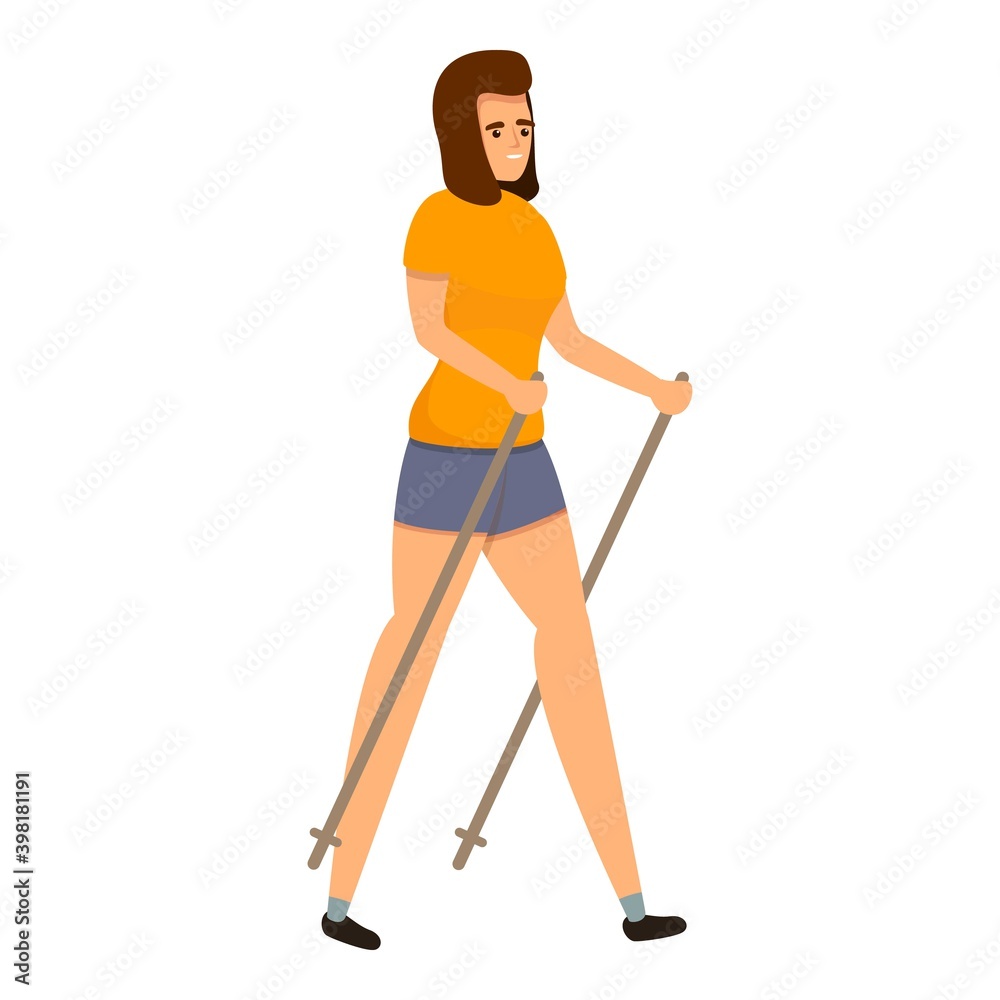Smiling woman nordic walking icon. Cartoon of smiling woman nordic walking vector icon for web design isolated on white background Smiling woman nordic walking icon. Cartoon of smiling woman nordic walking vector icon for web design isolated on white background